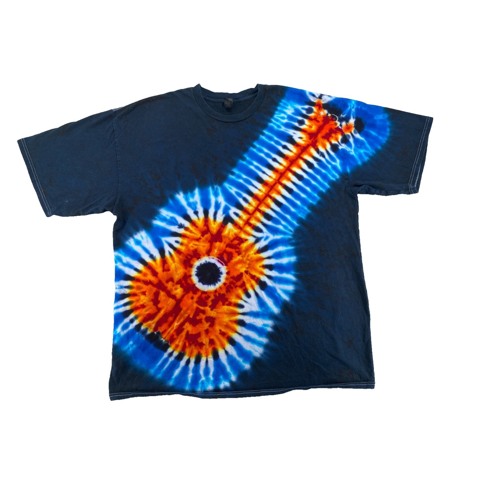 Handmade Tie Dye Guitar T Shirt 2XL Blue Orange Music Festival Tee - Picture 2 of 6